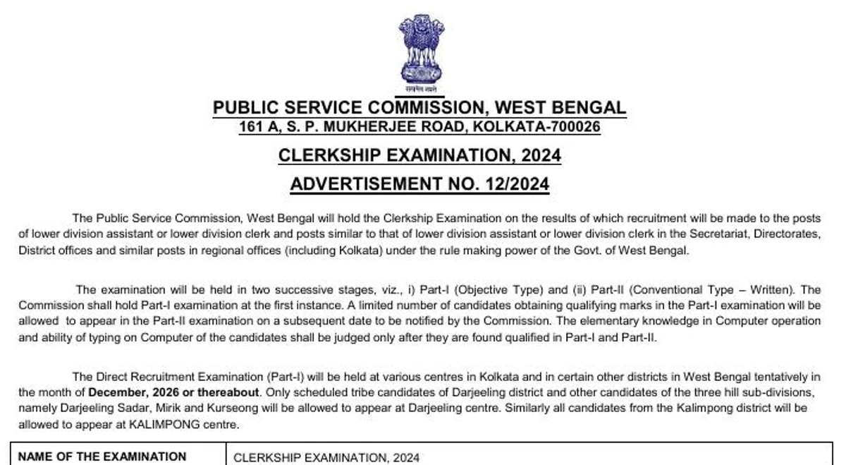 WBPSC Clerkship Examination 2024 official notification showing Advertisement No. 12/2024 and tentative December 2026 examination timing